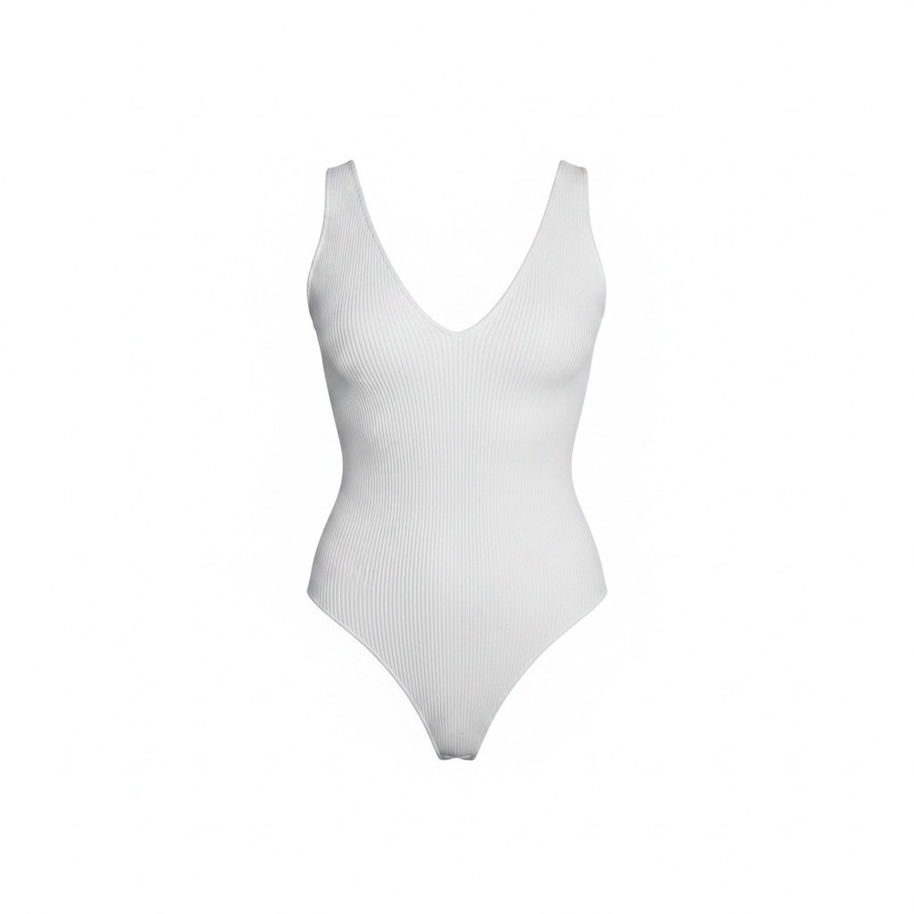 Mara Hoffman Bodysuit Large White Ribbed Deep V-Neck Sleeveless Thong Snap
